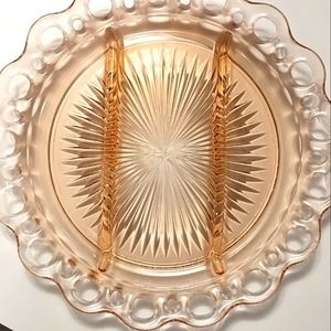 Anchor Hocking Pink Depression Glass Lace Edge Three Section Divided Relish Tray